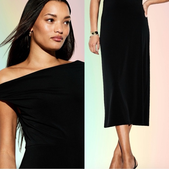 NWTS💓THE OCCASION M💓ELITE OLD NAVY LINE LUSTROUS BLACK ONE SHOULDER MIDI DRESS - Picture 7 of 14